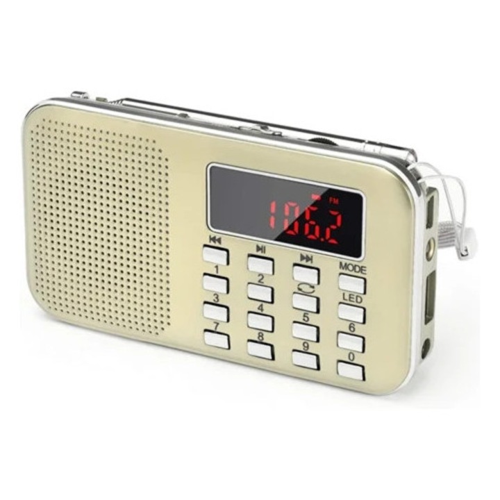 Radio portabil mini FM, LED, suporta Micro SD/USB, acumulator reincarcabil 600 mAh
