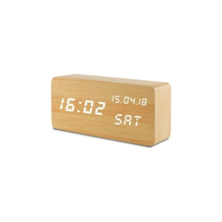 Ceas decorativ multifunctional din lemn, LED, control vocal, alimentare USB, termometru
