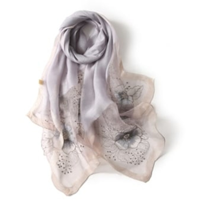 Esarfa lunga dama, mulberry, broderie florala, matase, gri, 76.7x26.7cm