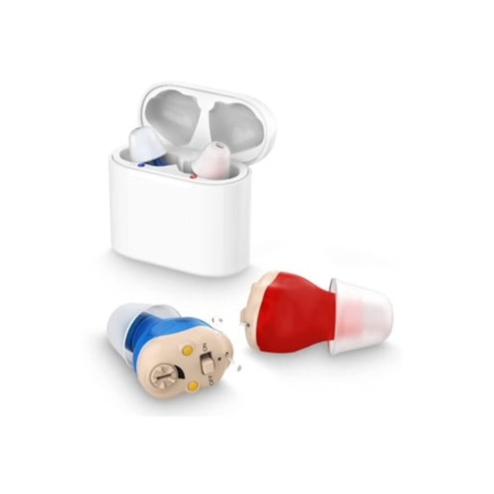 Aparate auditive, Gusshious, set, anulare zgomot, albastru si rosu, cu carcasa de incarcare portabila