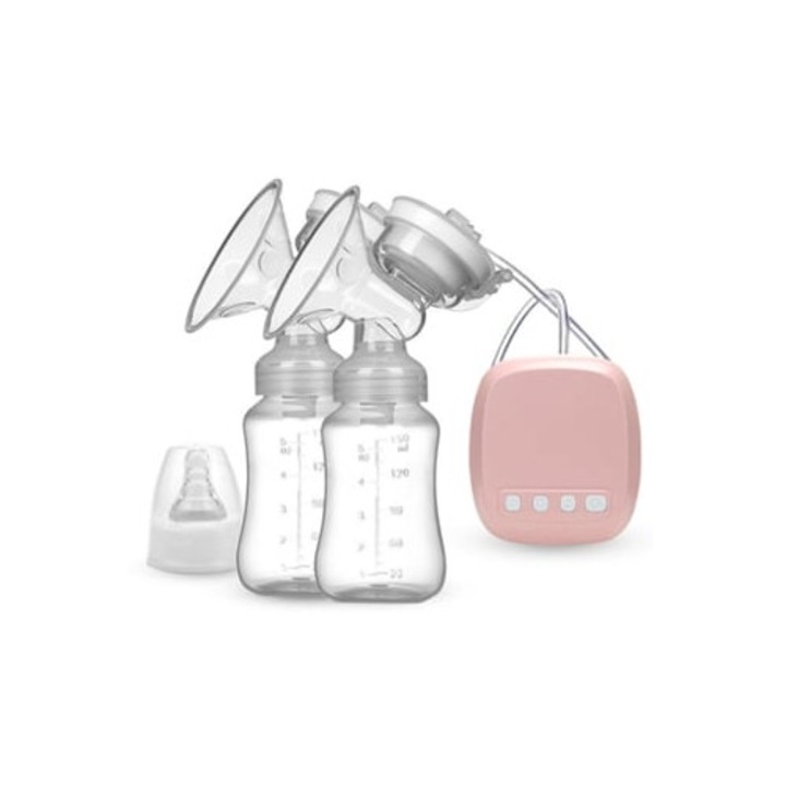 Dupla elektromos mellszívó, erős szívóerővel, 2 rózsaszín tejgyűjtő palackkal