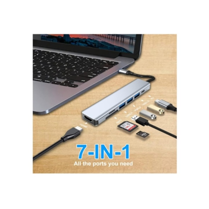 Hub USB-C 7 in 1 Gusshious, szürke