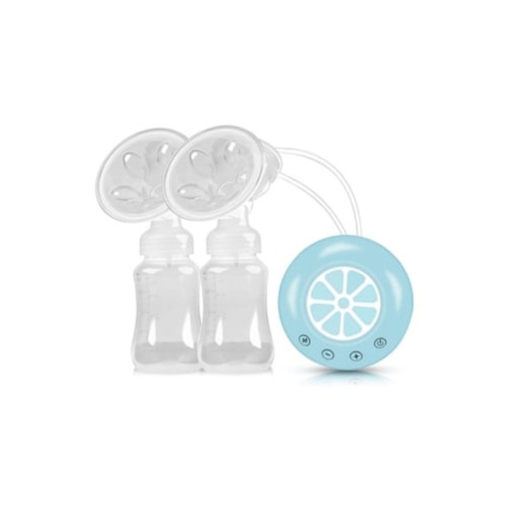 Pompa san electrica dubla cu sticla de lapte, USB, fara BPA, perne din silicon, albastra