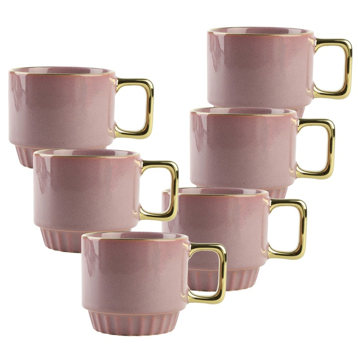 Set 6 cesti ceramice Festa Italia, mov cu maner auriu, 320 ml