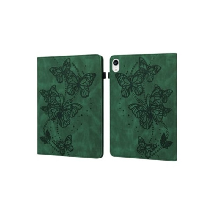 Husa tableta cu suport pentru carduri, anti-soc, cu embosare fluture, verde, pentru iPad Pro 11 2021/iPad Air 4
