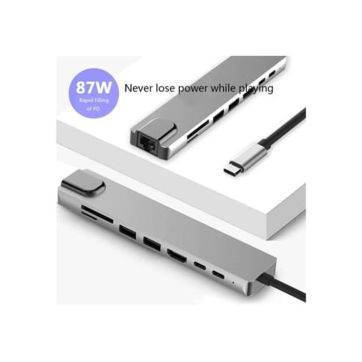 8 az 1-ben USB-C hub RJ45 Ethernet-tel, kártyaolvasóval, PD töltéssel, szürke