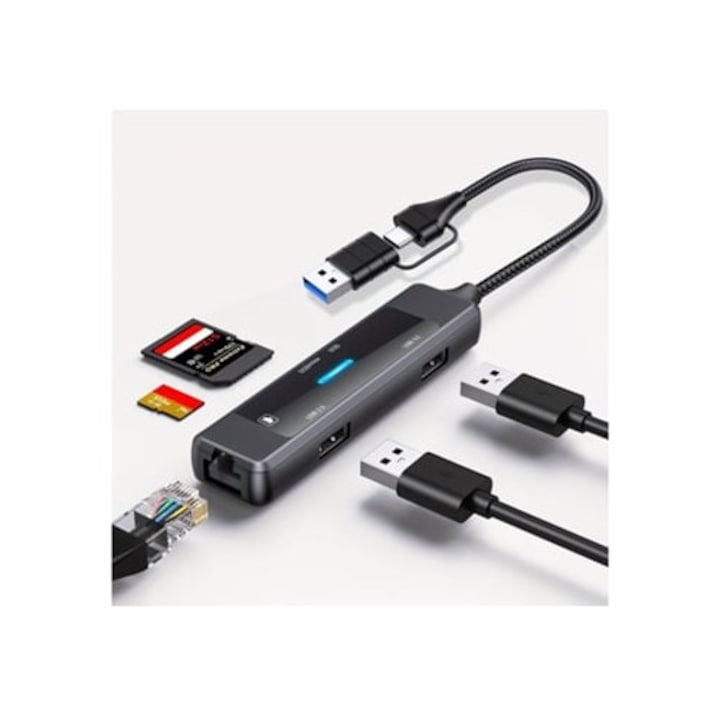 USB 3.0 – Ethernet 5 az 1-ben hub, Gigabit RJ45 port, Type-C hálózati adapter