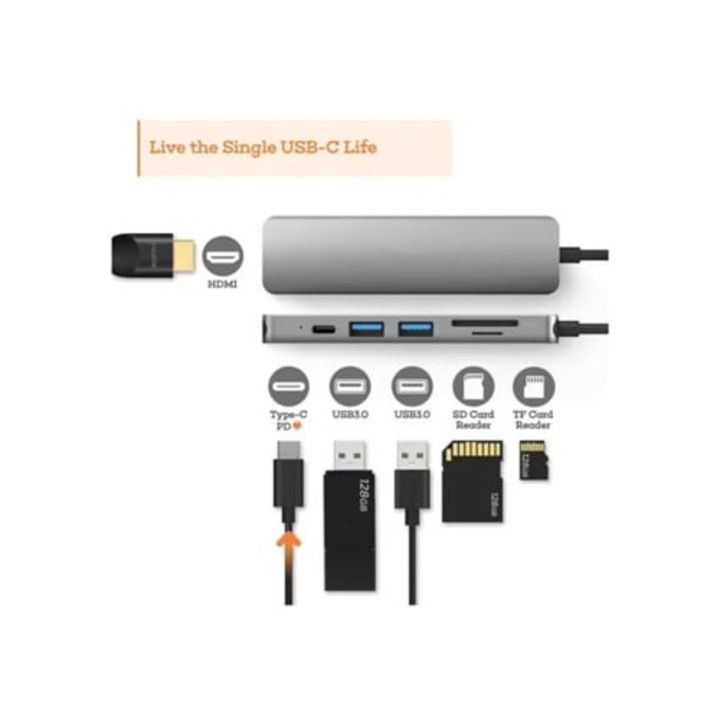Хъб USB C 6-в-1, 4K HDMI, четец за SD карти, сив