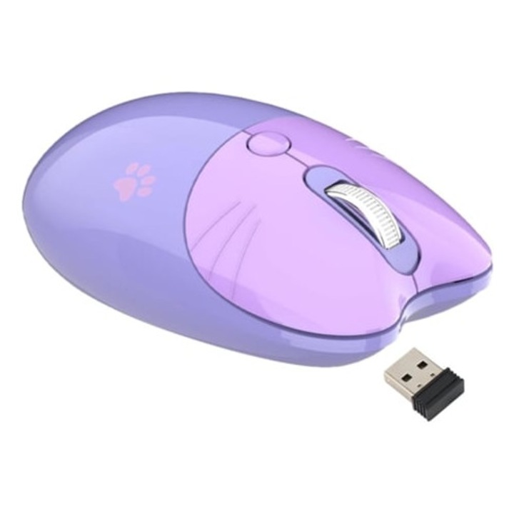 Vezeték nélküli egér, kétmódusú, 2.4Ghz, Gusshious, lila, hordozható, macska design
