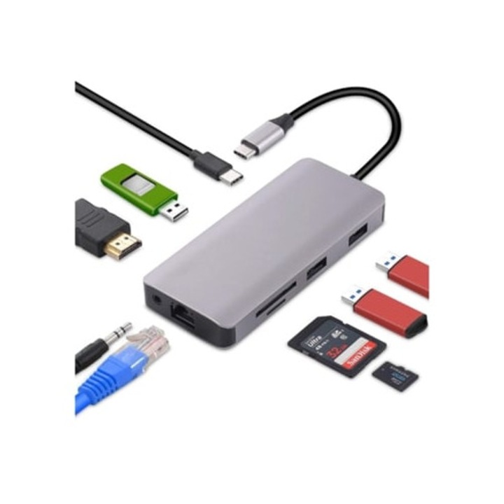USB C Hub 9 az 1-ben, HDMI, Gigabit Ethernet, 100W PD, 4K, szürke
