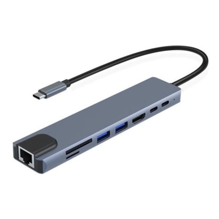 8 az 1-ben USB C adapter HDMI-hez, Ethernethez, USB A-hoz, TF/SD kártyaolvasóhoz