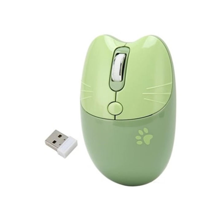 Мишка безжична, двурежимна 2.4Ghz, преносима, дизайн котка, зелена