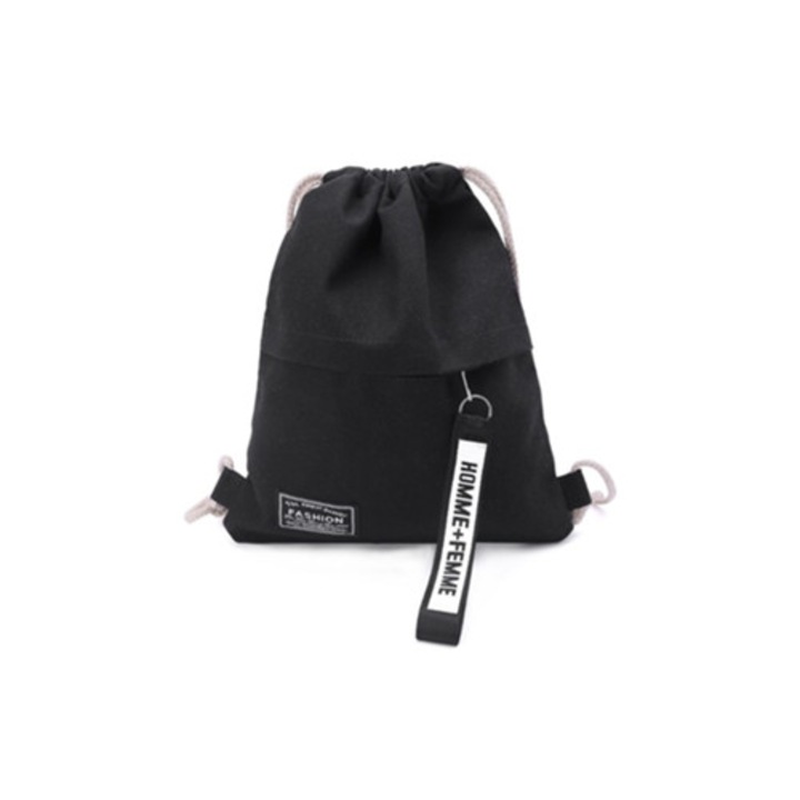 Fekete vászon sport hátizsák zsinórral és cipzárral