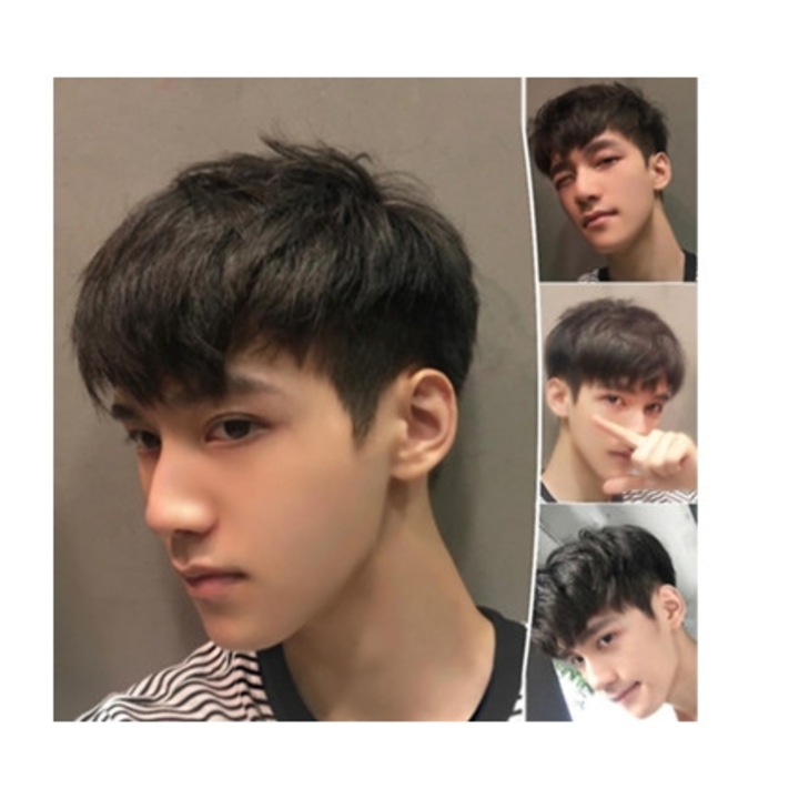 Peruca sintetica rezistenta la caldura pentru barbati, scurta, dreapta, cu acoperire completa, usoara, fara adeziv, cu curele ajustabile