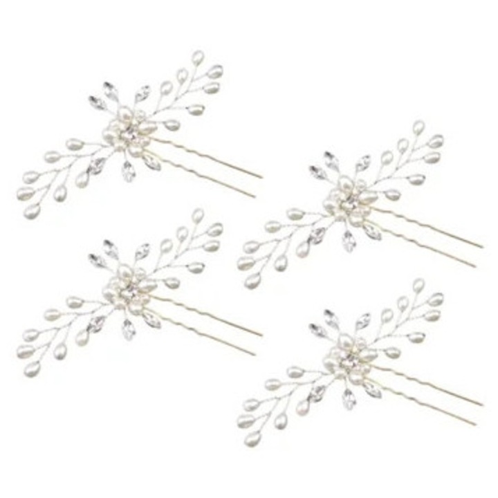 Toca de mireasa ajustabila, set 4 piese, cu clips din aliaj de diamante de imitatie, pentru nunti, alb