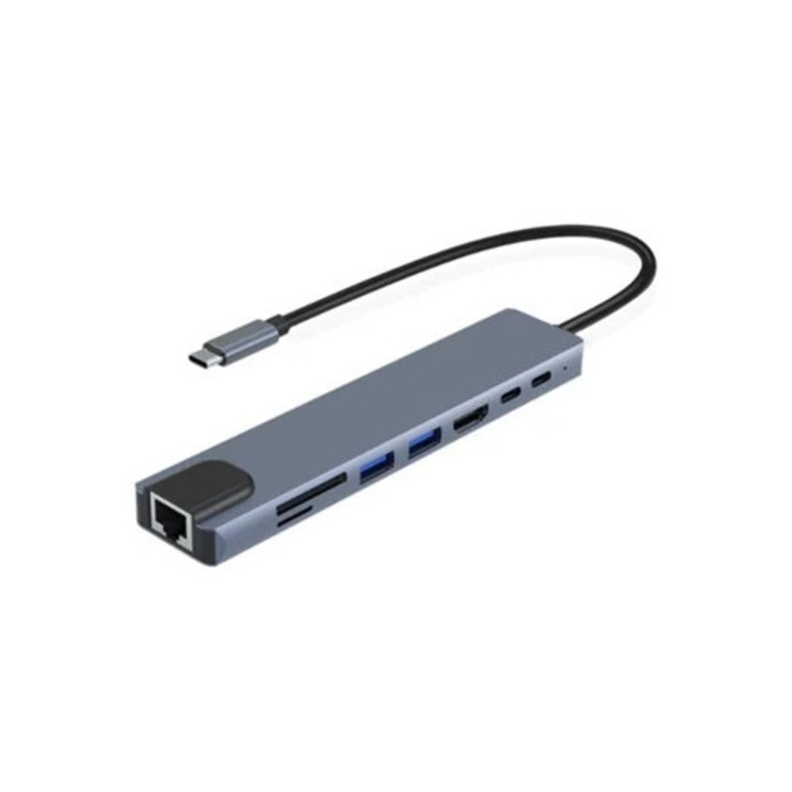 USB C хъб 8 в 1, Ethernet адаптер 4K, сив