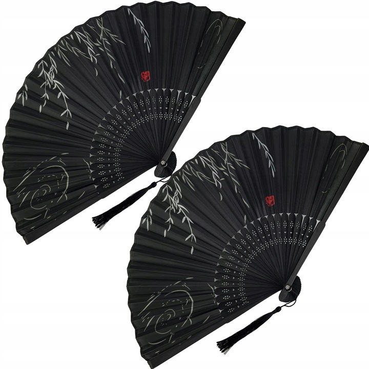 Комплект от 2 черни сгъваеми ръчни ветрила 21×37 см – китайски, стабилни, идеални за охлаждане