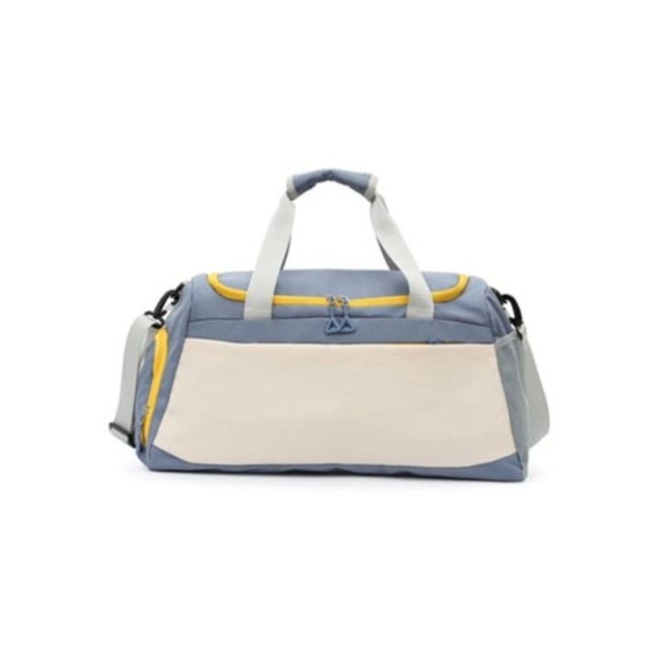 Utazótáska, nagy kapacitású, cipőrekesszel, nedves/száraz elválasztással, kék/fehér