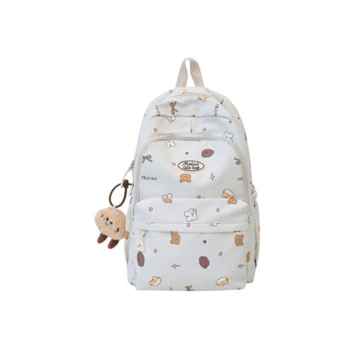 Ghiozdan din nylon cu imprimeu cartoon, alb, pentru elevi de scoala primara si gimnaziala