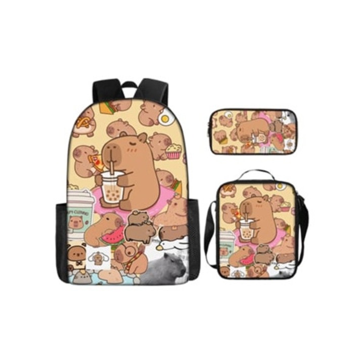 Kapibara 3 részes iskolatáska szett uzsonnás dobozzal és tolltartóval, M006, többszínű