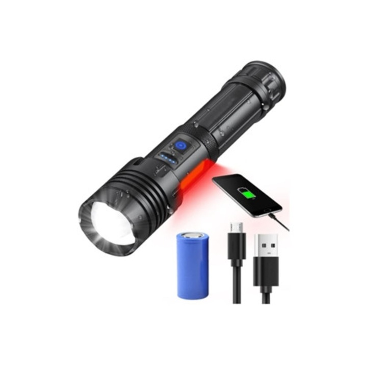 Lanterna cu baterie Xhp70.2, 7 moduri zoomabile, impermeabila IPX5, 3000mAh, neagra