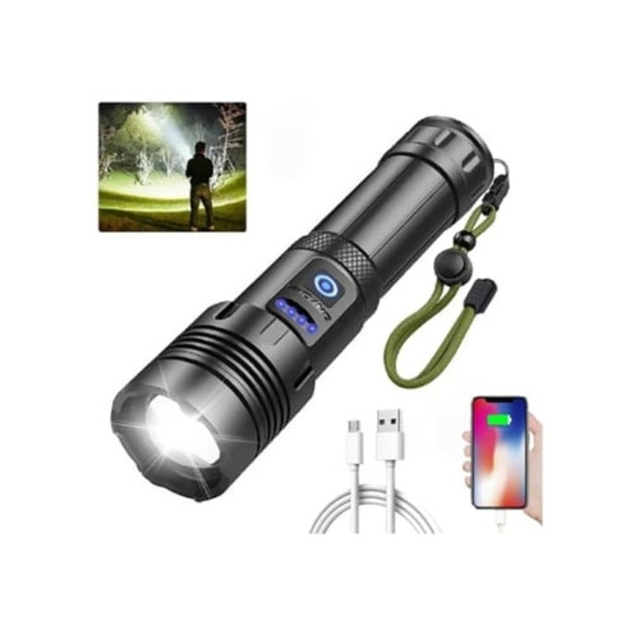 Újratölthető XHP70 LED lámpa, 20 000 lumen, 5 mód, zoomolható, vízálló, fekete