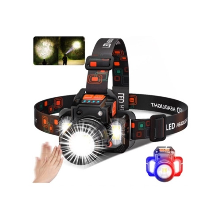 Lanterna frontala LED reincarcabila 4800mAh, 6 moduri de iluminare, senzor de detectie umana, neagra