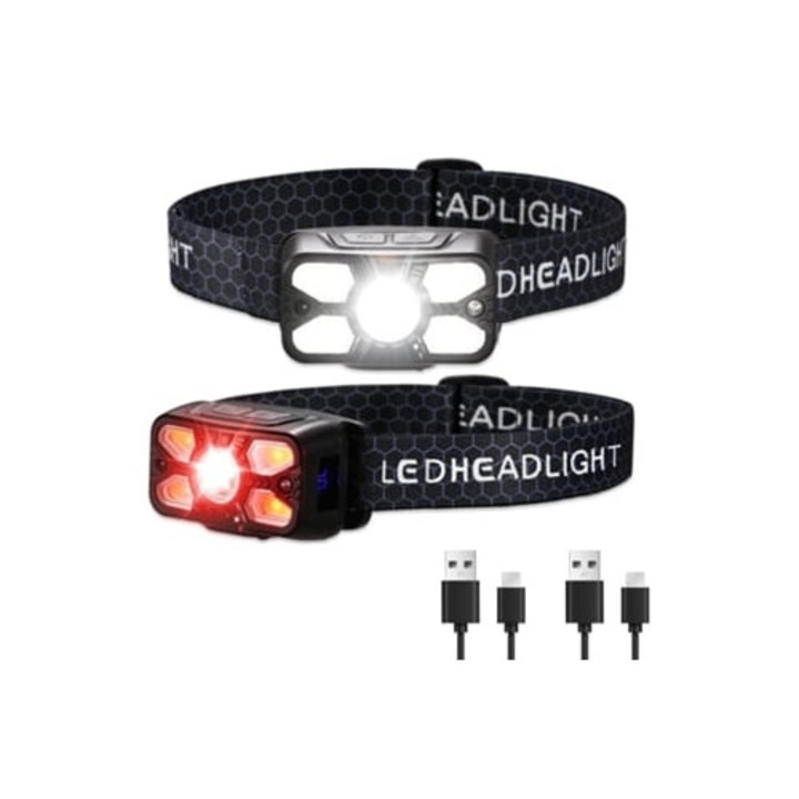 Set 2 Lanterne Frontale Reincarcabile 2500 Lumeni 5 LED cu Lumina Rosie si Senzor de Miscare