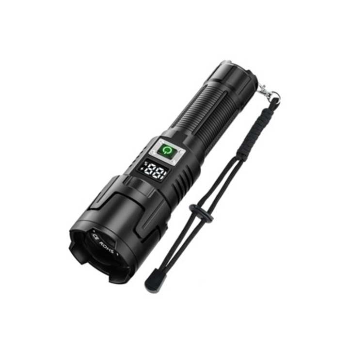 Lanterna LED reincarcabila 90,000 lumeni cu zoom, 3 moduri, rezistenta la apa IPX6, portabila pentru urgente