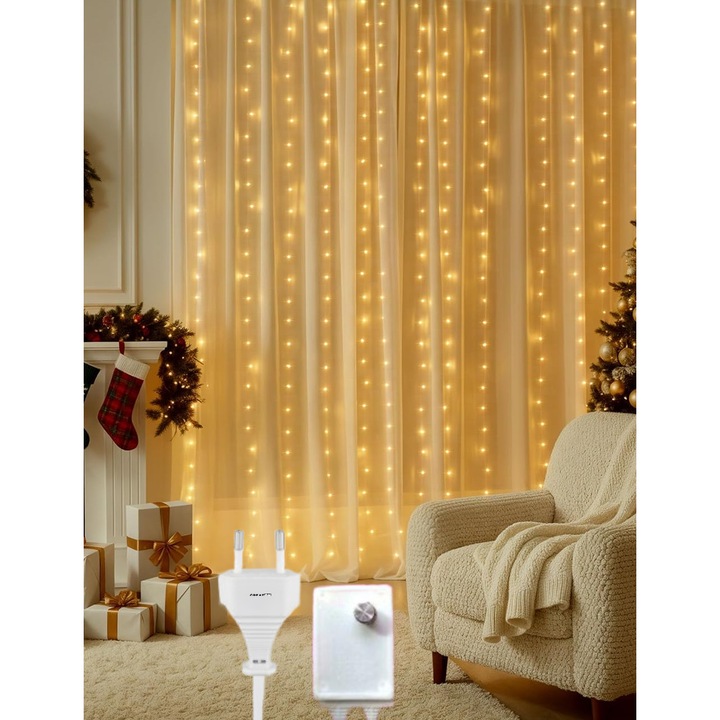 Instalatie LED, GREATON, Perdea Luminoasa Tip Plasa Franjuri, Alb Cald, 3m x 2m, Interconectabila, 2 Moduri De Lumina