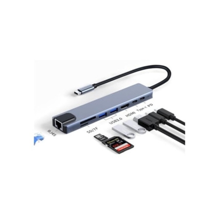 USB C – HDMI elosztó, 8 az 1-ben, C típusú adapter, TF SD kártyaolvasó, többszínű