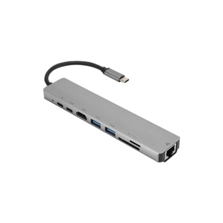 USB C hub 8 az 1-ben, 3 USB 3.0 porttal, 4K Ethernet, kártyaolvasó, laptopokhoz és táblagépekhez