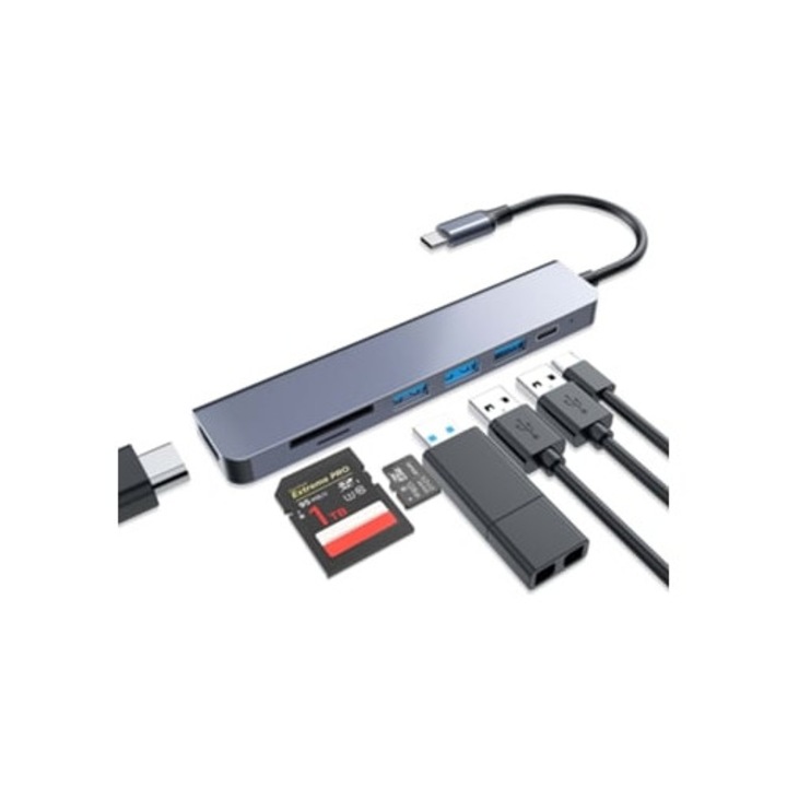Hub USB-C 7-in-1, 4K 60Hz HDMI, PD 100W, USB 3.0, cititor card SD/TF, pentru MacBook Pro/Air
