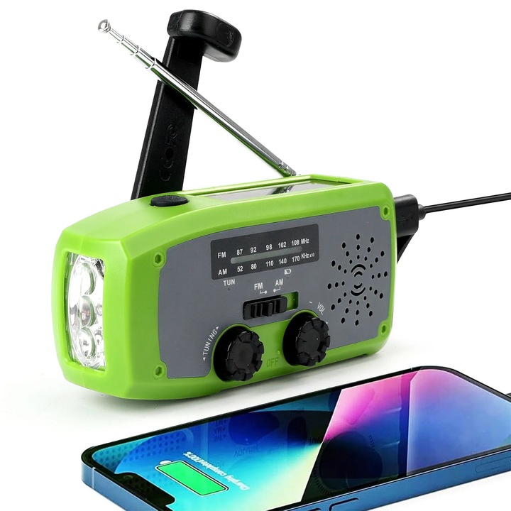 Радио соларно FM/AM/WB/NOAA с манивела и SOS функция, зелено