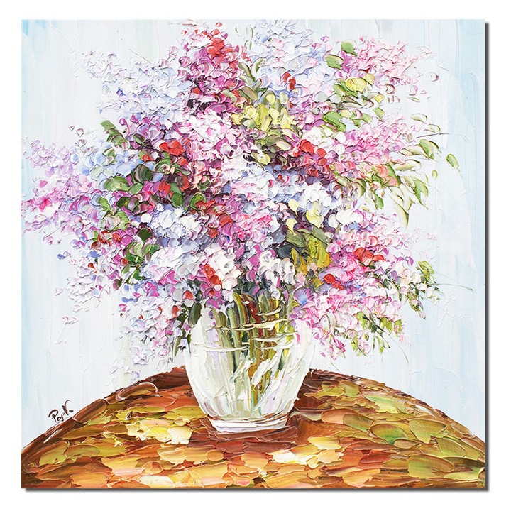 Tablou 3D flori, Vaza cu flori multicolore pictat manual, 50x50cm ulei pe panza, Valentin Pop