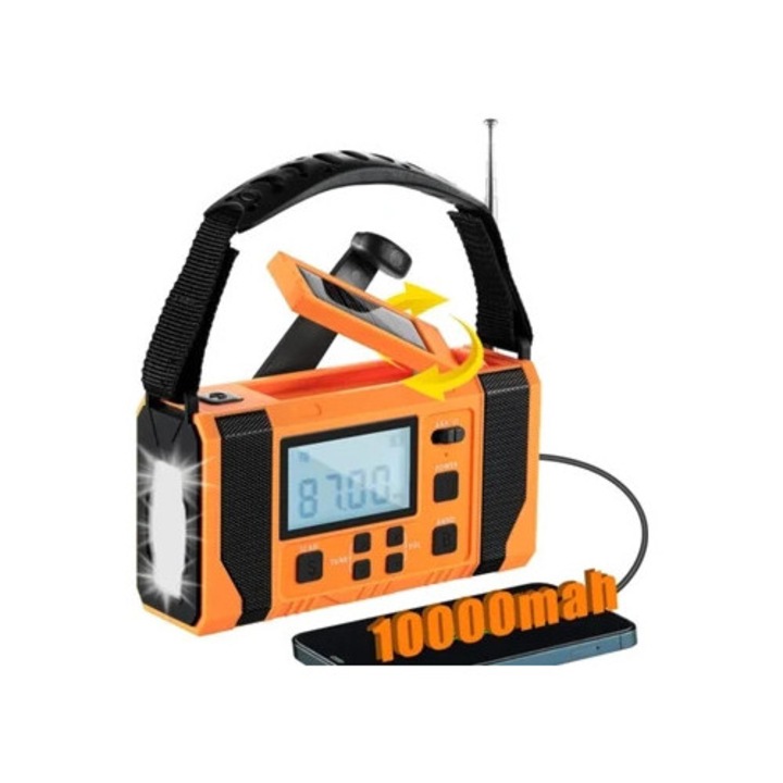 Соларна аварийна лампа с манивела 10000mAh, оранжева, AM/FM/NOAA Alert, SOS