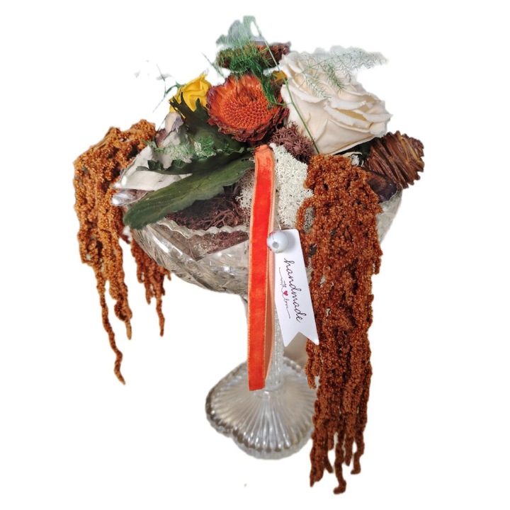 Aranjament din flori naturale criogenate, fructiera vintage, 29 x 18 cm