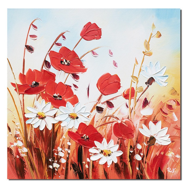 Tablou 3D maci si margarete in camp pictat manual, 50x50cm ulei pe panza, Valentin Pop