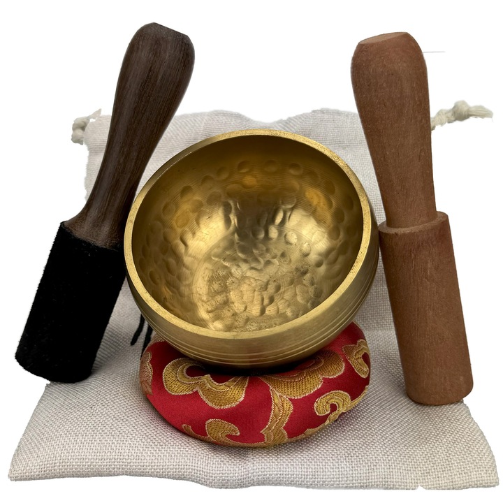 Bol tibetan MIVELIS, set complet, 8,5 cm, cu perna roșie și 2 bâte