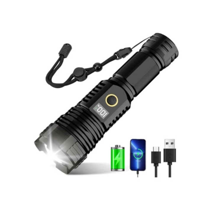 Taktikai zseblámpa LCD kijelzővel, 5 mód, IPX7 vízálló, fekete