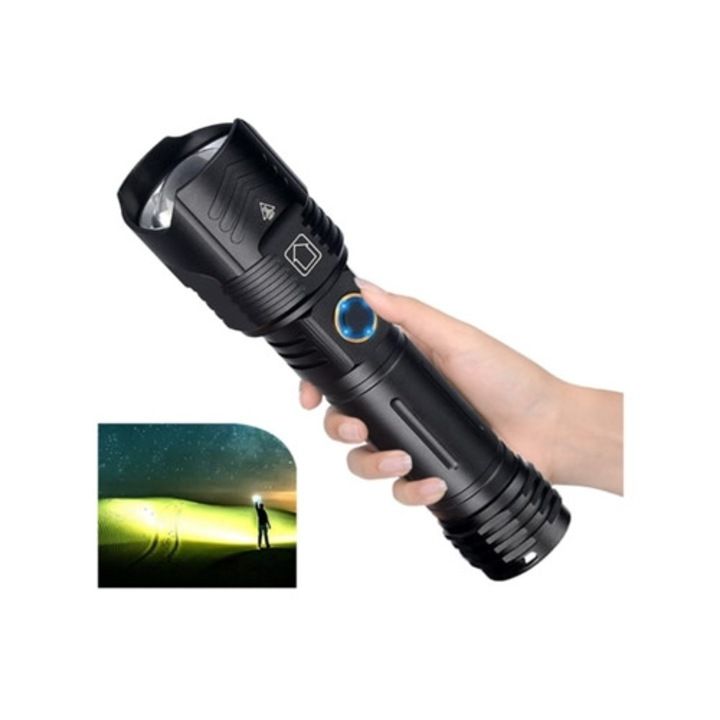 Lanterna tactica LED reincarcabila Xhp100, 90000 lumeni, 5 moduri de iluminare, zoomabil, set