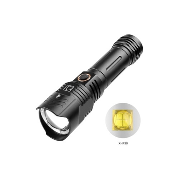 Újratölthető LED lámpa, 90000 lumen, 5 világítási mód, vízálló, zoomolható