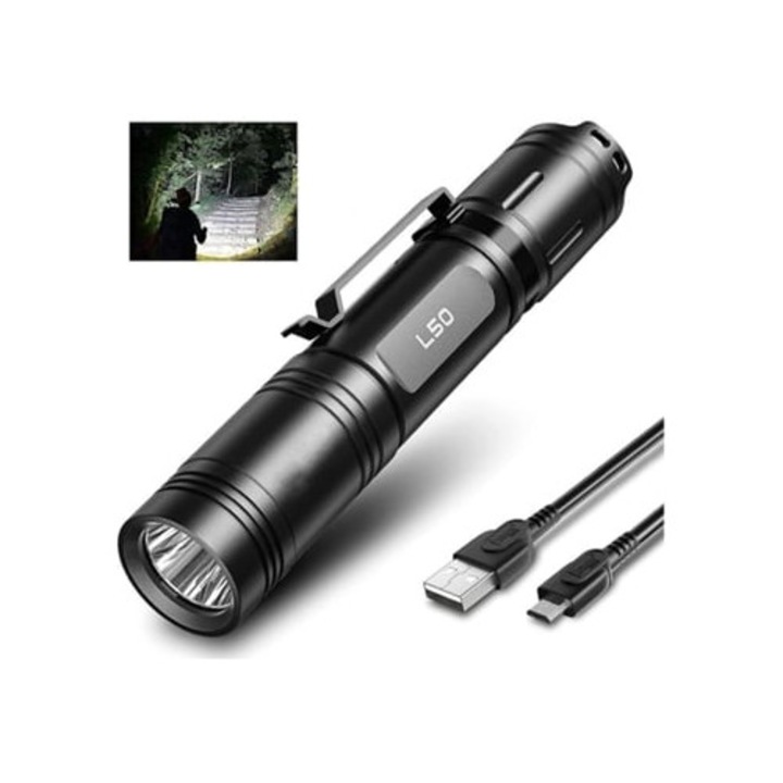 Lanterna LED reincarcabila USB 1200 lumeni impermeabila pentru camping si drumetii, neagra