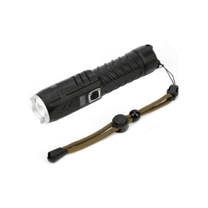 Ultra fényes kültéri lámpa zoom funkcióval, USB újratölthető, intelligens teljesítmény kijelzővel, fekete