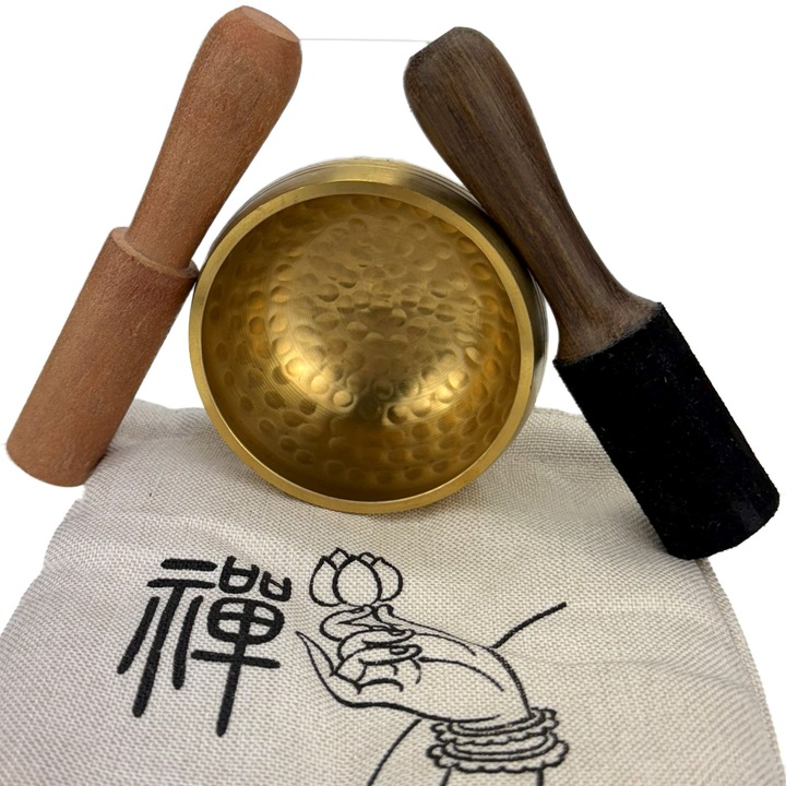 Bol cantator tibetan MIVELIS, 8,5 cm, set cu saculet si 2 bete, sunet armonios, lucrat manual