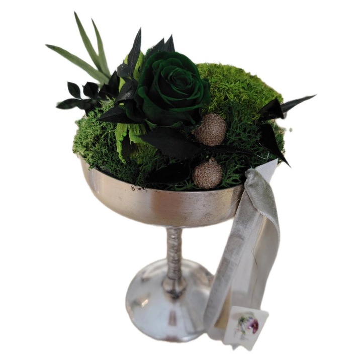 Aranjament din flori naturale criogenate, cupa metalica vintage, 19 x 10 cm