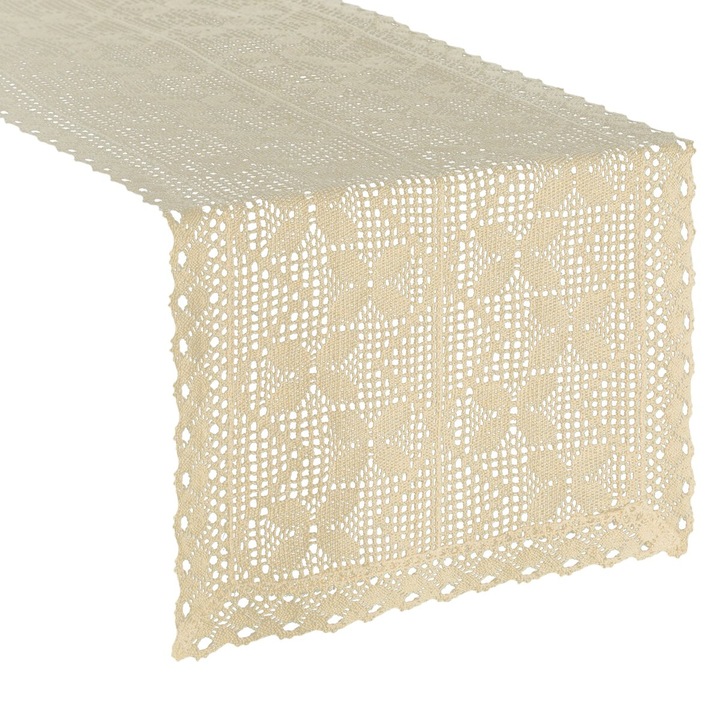 Fată de masă Eurofirany MARTHA, 40x140cm, bej deschis, stil rustic boho, design traforat