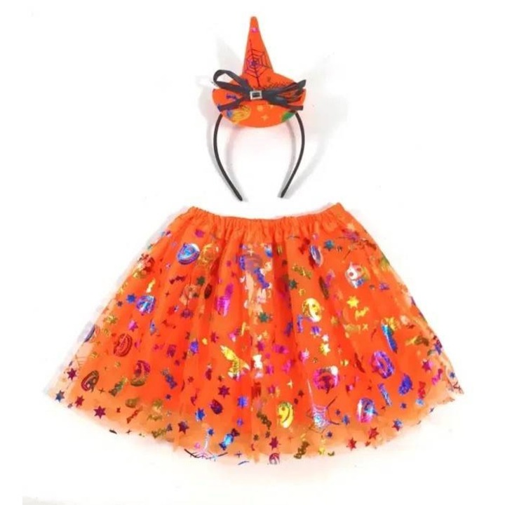 Set costum vrajitoare Halloween, fustita portocalie cu imprimeuri, bentita cu palarie, 3-8 ani