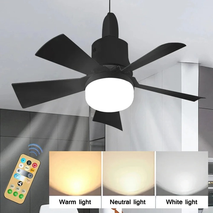 LED вентилатор за таван с димируемо дистанционно управление, цокъл E27, 30W, бял