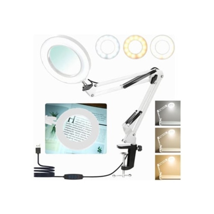 Lupa ajustabila cu LED, 10x, 3 moduri de culoare, alb